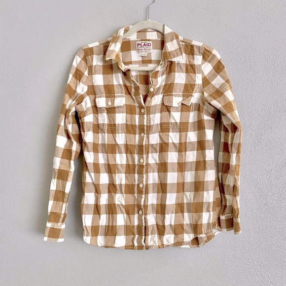 Old Navy Womens Size Small Button Down Size Small Plaid Tan White Neutral - Picture 1 of 10